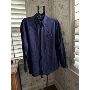 Vtg Windsor Lake Mens Shirt Large Button Front Long Sleeve Cotton Plaid Blue